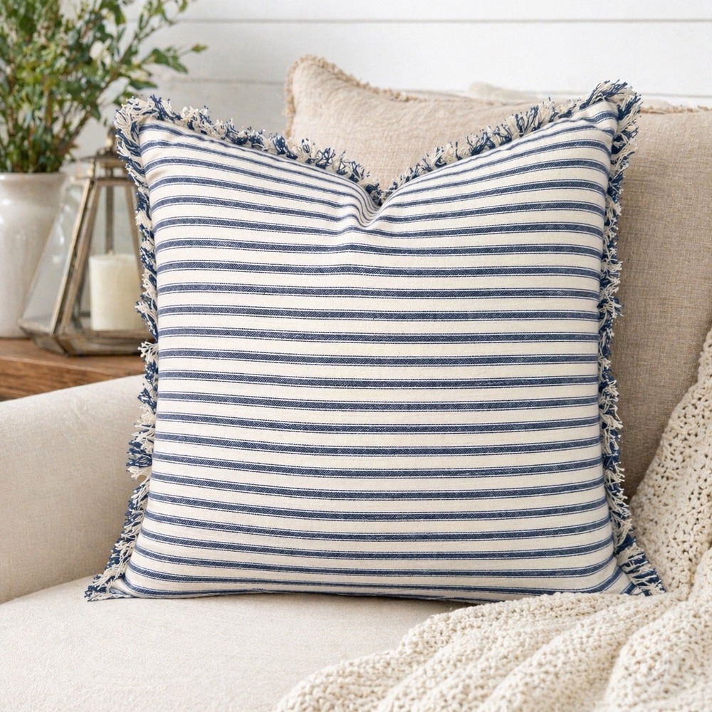 Blue Off-White Ticking Stripe 20x20 Pillow & Cover Fringe Farmhouse Coastal Zip
